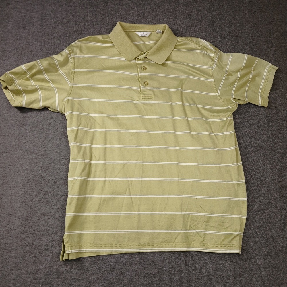 Turnbury Mens Large Green‎ White Striped Short Sleeve 100% Cotton Polo Shirt